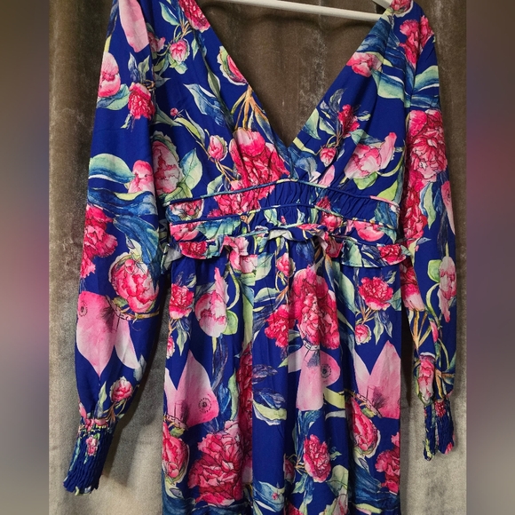 Chicways Floral Deep V Neck Maxi Dress Size Medium Pink And Blue - Picture 3 of 10